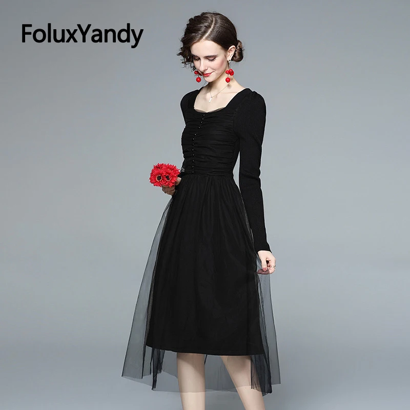 

Shirring Women A-line Dress Knee-length Square Collar Long Sleeve Mesh Dress Black Vestidos QCFS15