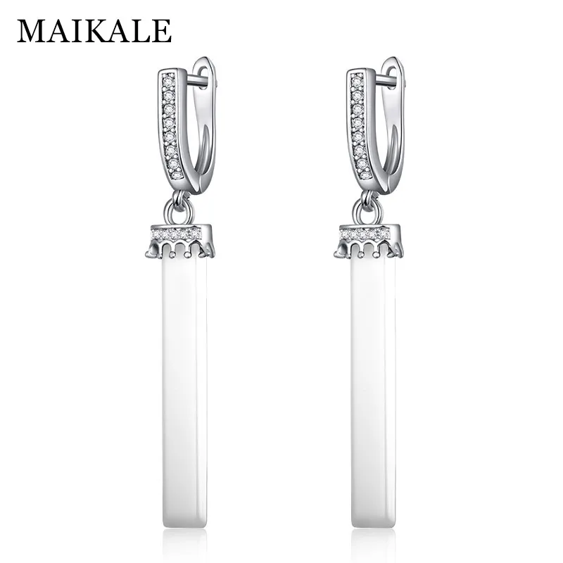 silver white MAIKALE, черные, белые керамические длинные серьги, корона, серьги для женщин, новая мода, кубический цирконий, золото, серебро, CZ, висячие серьги, подарки - Окраска металла: silver white