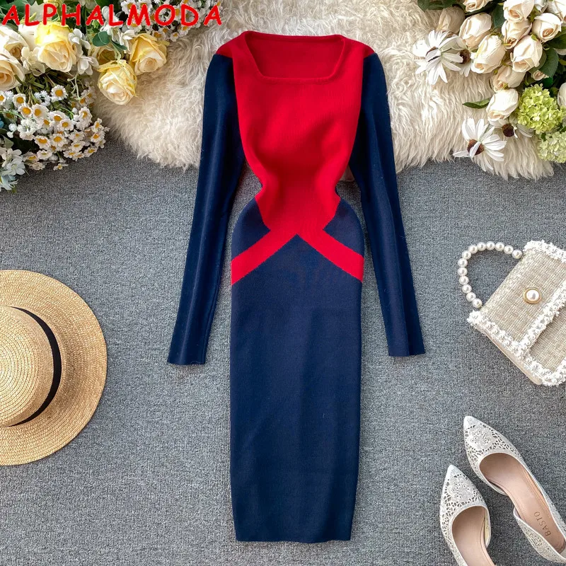 Женское трикотажное платье ALPHALMODA хит разноцветное до колена с длинными рукавами