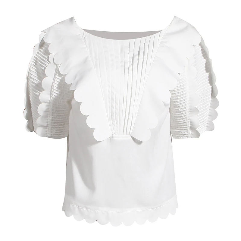 [EAM] Женская блузка с оборками и вышивкой новая свободная рубашка круглым вырезом