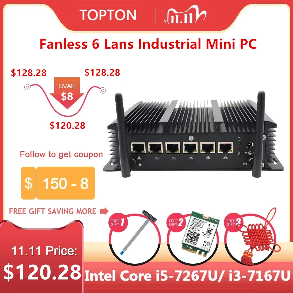 Промышленные безвентиляторный мини ПК Intel Core i5 10210U 8265U 6 Lan брандмауэр