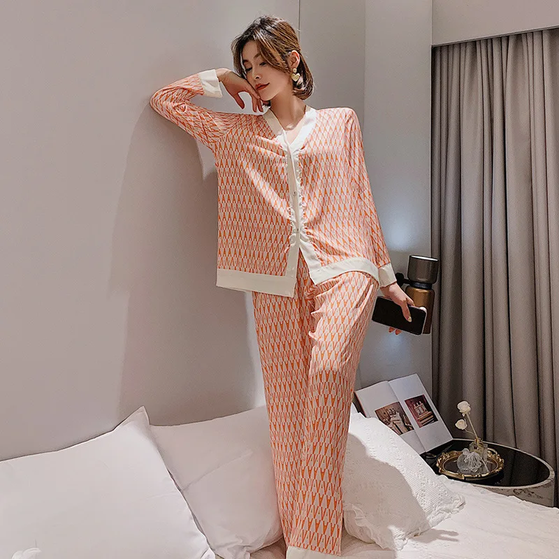 2021 Spring Women Two-piece Satin Pajamas Nightwear Set V-neck Top and pants Ladies Homewear