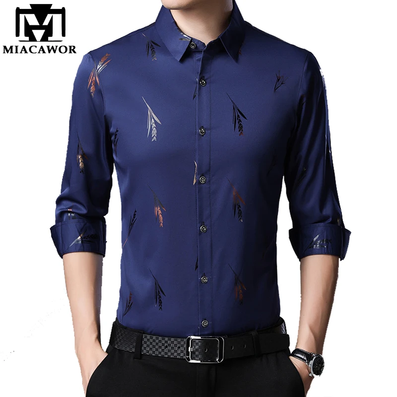 

MIACAWOR New Dress Shirts Mens Fashion Print Autumn Long Sleeve Social Shirts Men Slim Fit Camisa Masculina Men Clothes C582