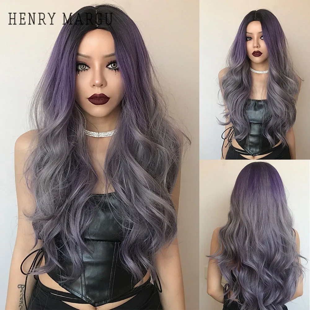 HENRY MARGU Ombre Purple Ash Long Synthetic Wigs for Women Body Wave Hair Heat Resistant Natural Colorful Cosplay Lolita Wig