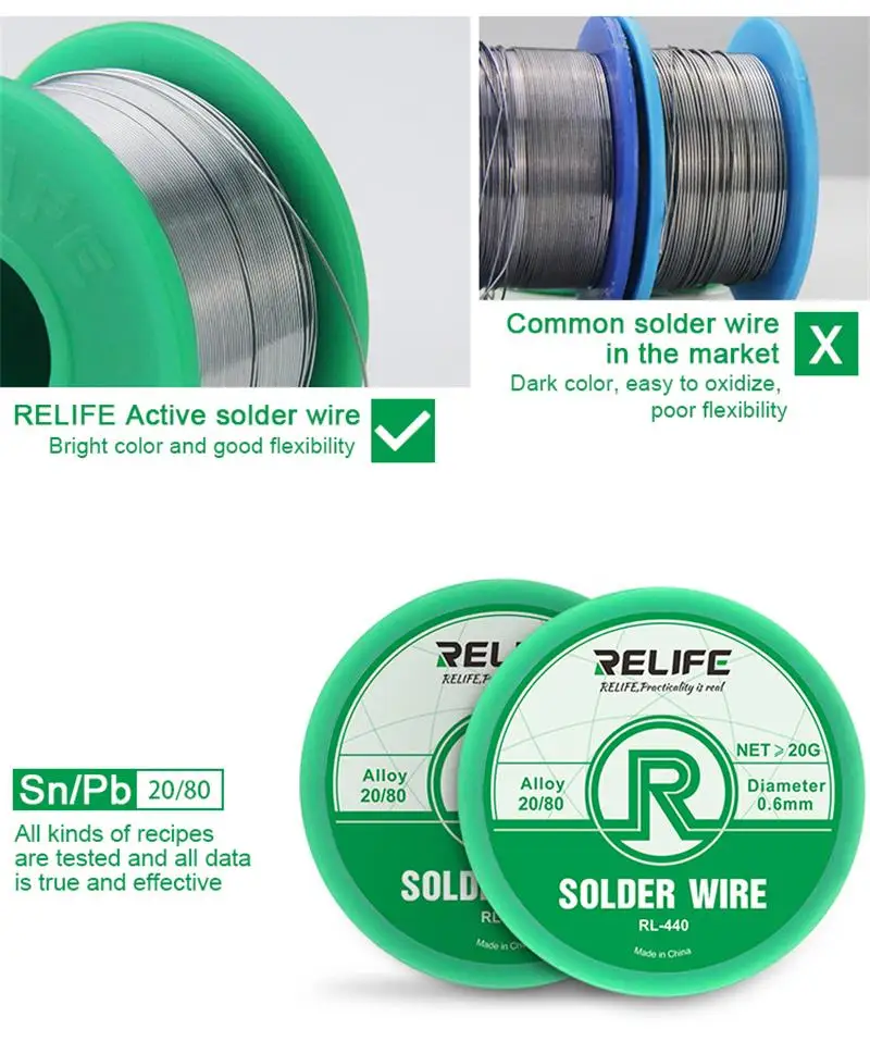 

40G RELIFE RL-440 Active Solder Wire 0.3 / 0.4 / 0.5 / 0.6MM Medium Temperature Activity Low Melting Point Easy Soldering Tin