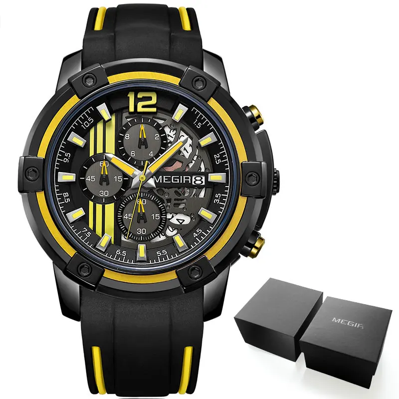 MN2097G-Yellow Мужские спортивные кварцевые часы Megir с силиконовым ремешком, армейские часы с хронографом, водонепроницаемые наручные часы 3 АТМ для мужчин, часы Relogios 2097, черный цвет - Цвет: MN2097G-Yellow