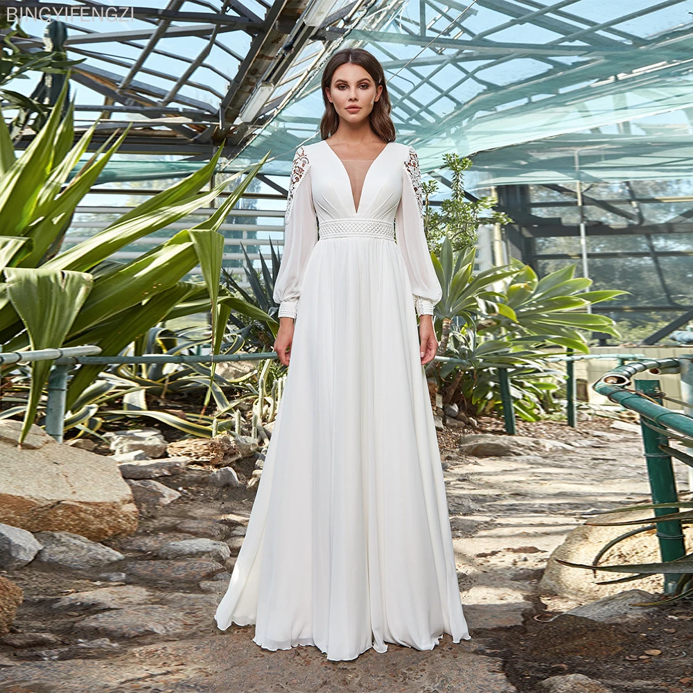 2021 New Elegant a Line Beach Wedding Dress Sashes Chiffon Backless Bridal Gowns Custom V Neck Long Sleeves Lace Train Material