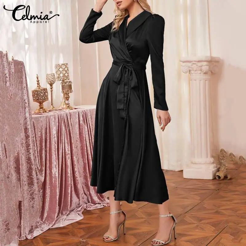 

Women Satin Midi Dress Celmia Elegant V-neck Bandage Party Vestidos 2021 Stylish Long Shirt Dress Casual Long Sleeve Robe Longue