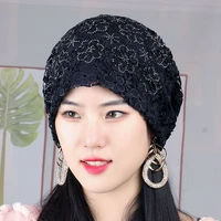 elegant women muslim mesh stretch hijab turban hat embroidery floral lace beanie headwrap cap head cover stretchy turbante hats
