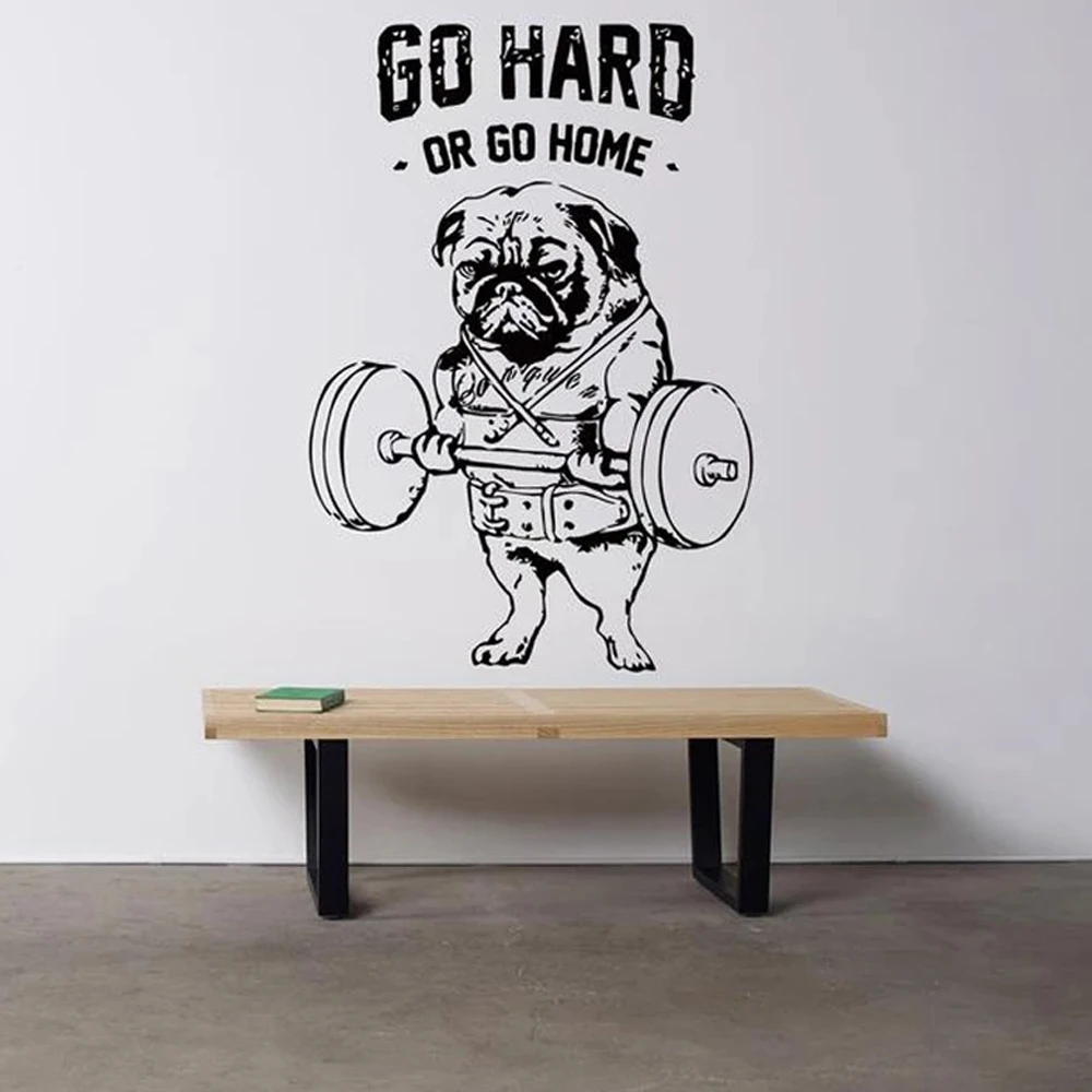 Go Hard Oder Gehen Hause Vinyl Aufkleber Gym Logo Sport Training Wandbild Französisch Hund Crossfit Fitness Club Aufkleber Kunst