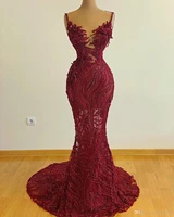 2021 arabic red mermaid prom dresses luxury beading sequined lace appliqued spaghetti strap women plus size formal evening gowns