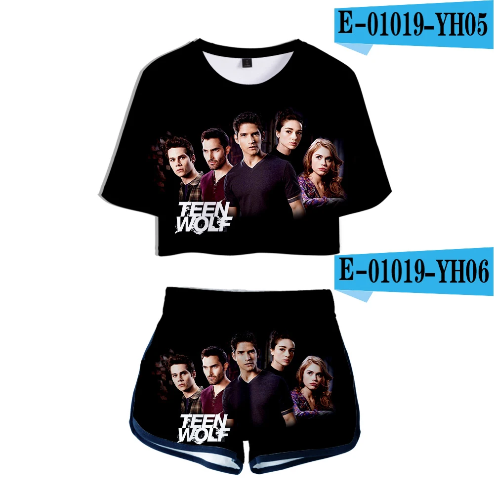 

2021 Teen Wolf 3D Science Fiction Tracksuit Two Piece Set Summer Short Sleeve Crop Top + Shorts Girls Casual O-Neck Streetwear