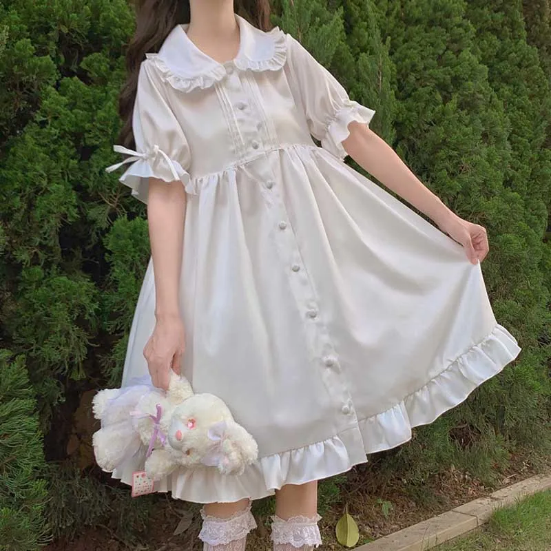 

Kawaii Peter Pan Collar Cute Ruffle Puff Sleeve Drees Japanese Sweet Girl Lolita Dreeses Solid Color Elegant Retro Lady Drees