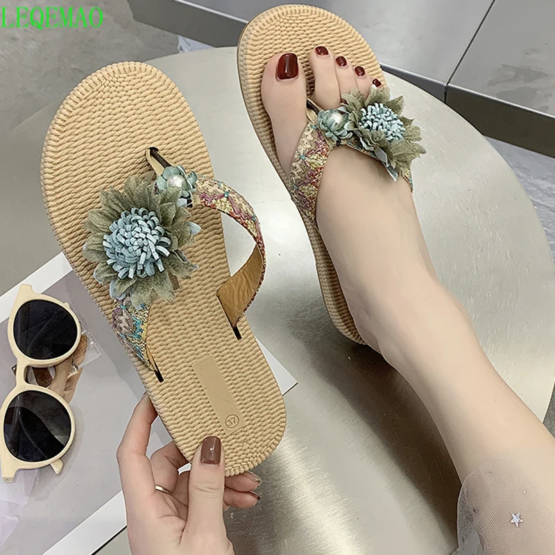 Женские милые вьетнамки из льна с бантом в богемном стиле Пляжная обувь Сандалии