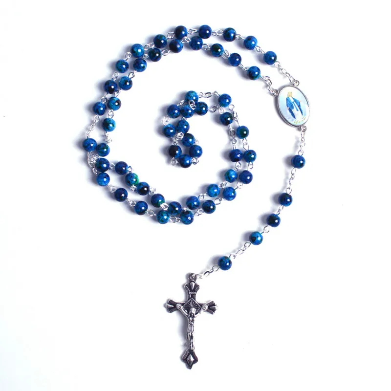 

Fashion Unisex Women Gift6mm Christian Catholic Religious Jewelry Round Beads Blue Glass Virgin Mary Jesus Cross Rosary Necklace