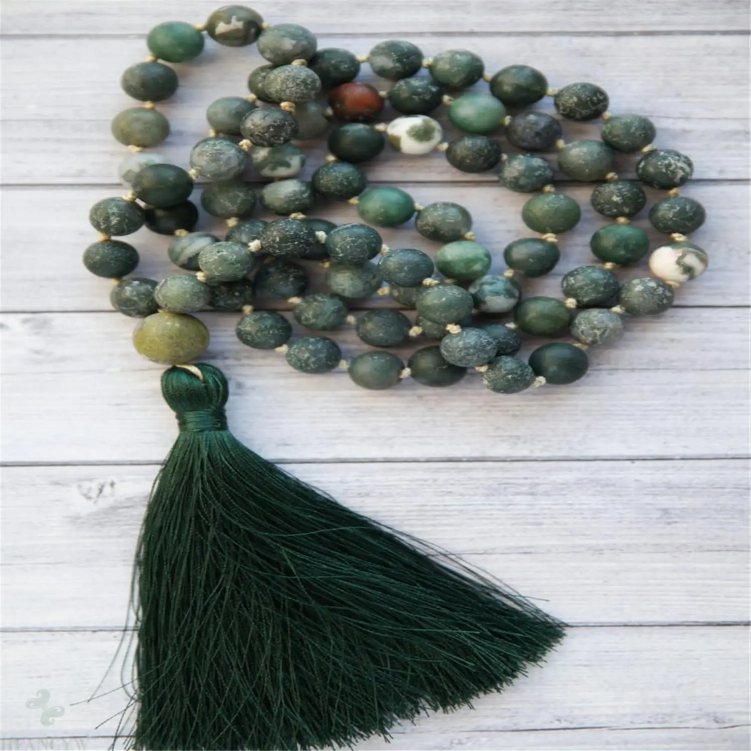 8 мм Агат цвета зеленого мха 108 бусин ручная работа кисточкой ожерелье Йога для