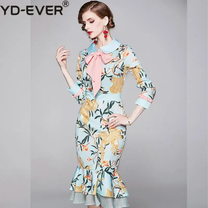 Женское облегающее платье с оборками элегантное бантом на воротнике и длинным