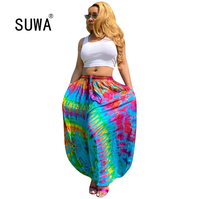 

colorful print high waist fashion casual bedroom outfit women joggers long pants loose harem pant trousers