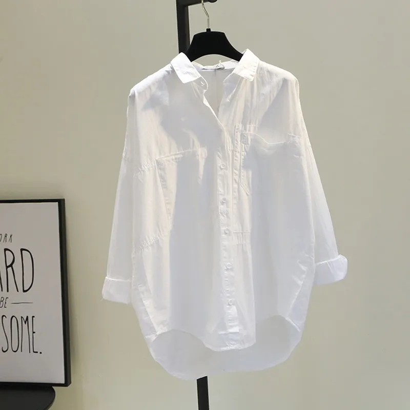 

Women Casual White Shirts New 2021 Autumn Korean Style Turn-down Collar All-match Loose Ladies Long Sleeve Cotton Tops H013