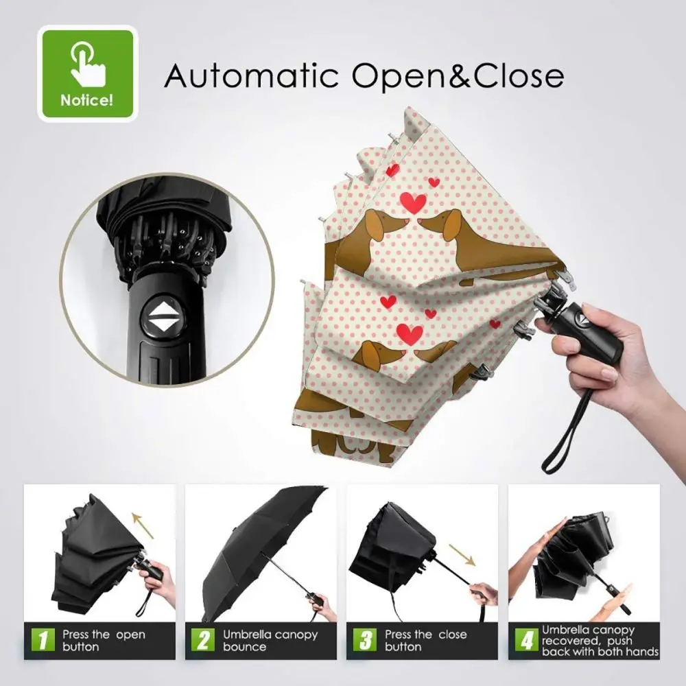 Offerte Automatico Ombrello Da Pioggia Donne Tre-pieghevole Ombrello Bella Bassotto Le Coppie Con Cuori Ombrello Antivento Impermeabile Parasole