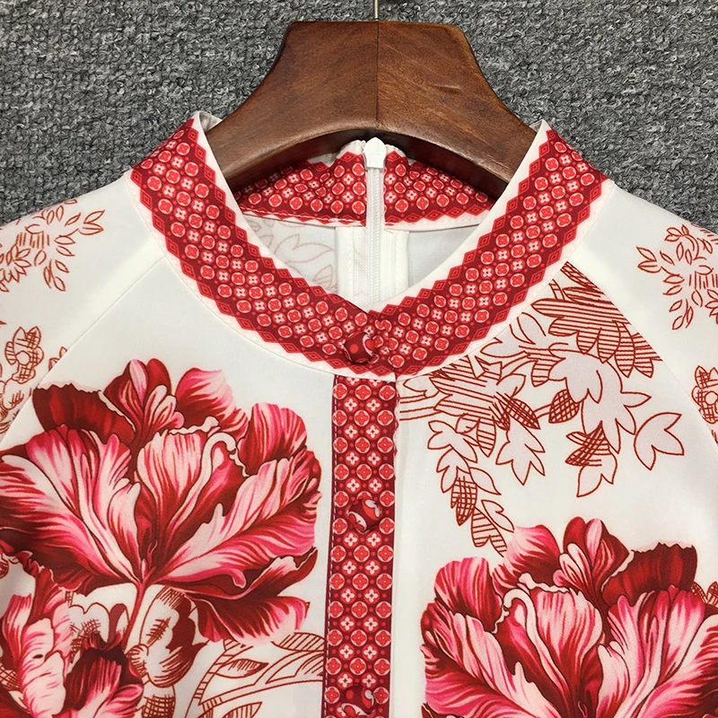 

Fashion Designer Runway Women Summer Red Dress Long Sleeves Bow-knot Belt Floral Printed Mini Dress High Waist Slim Vintage Dres