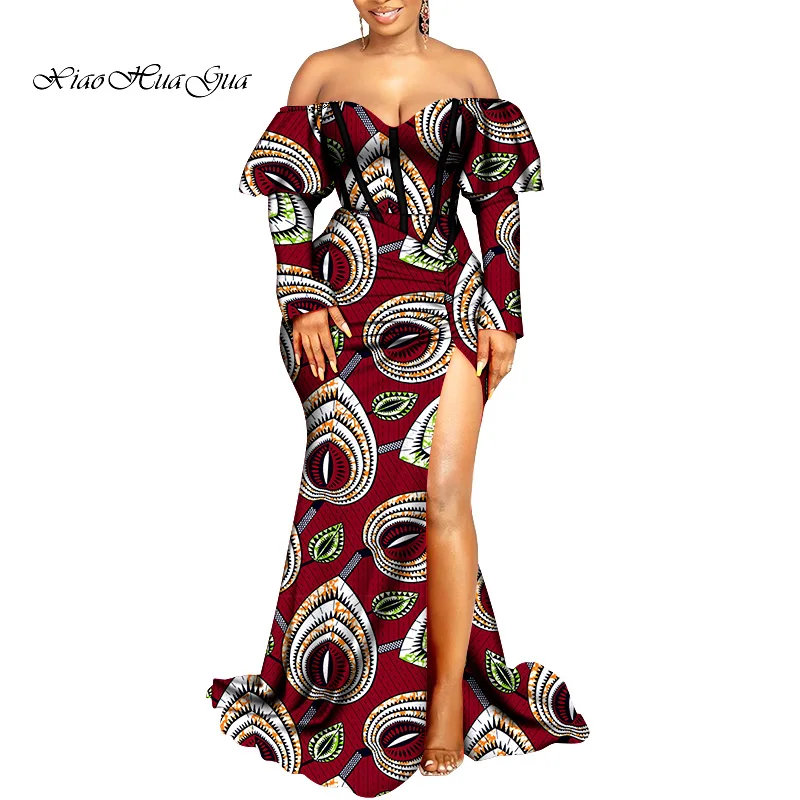 

2021 News Ankara Style Dresses Fashion Women Robe Africaine African Dresses for Women Sexy Long Dashiki Split Dress WY8798