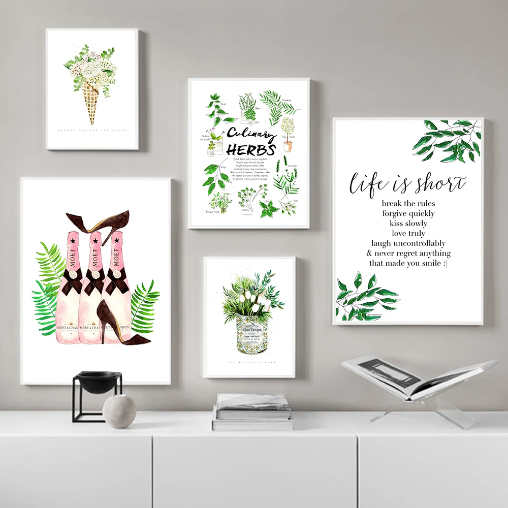 

Herbs Prints Botanical Quote Poster Kitchen Decor Fashion Woman High Heels Wine Bottle Wall Art Pictures Canvas Painting Decor