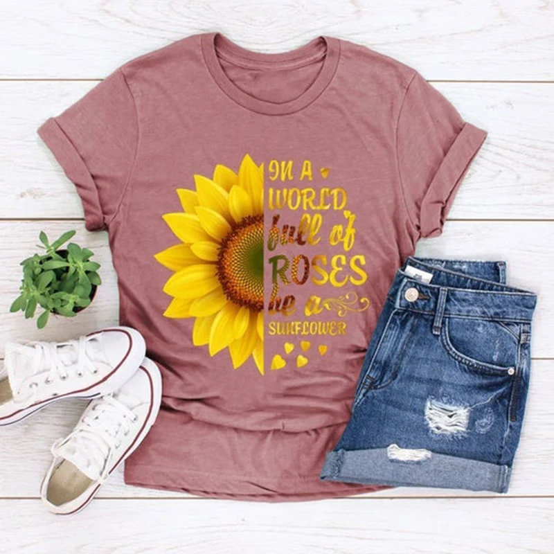

Plus Size 5XL New Fashion Pink Tee Shirts Short Sleeve O Neck Sunflower Letters for Women New Tshirts Casual Tops Shipping