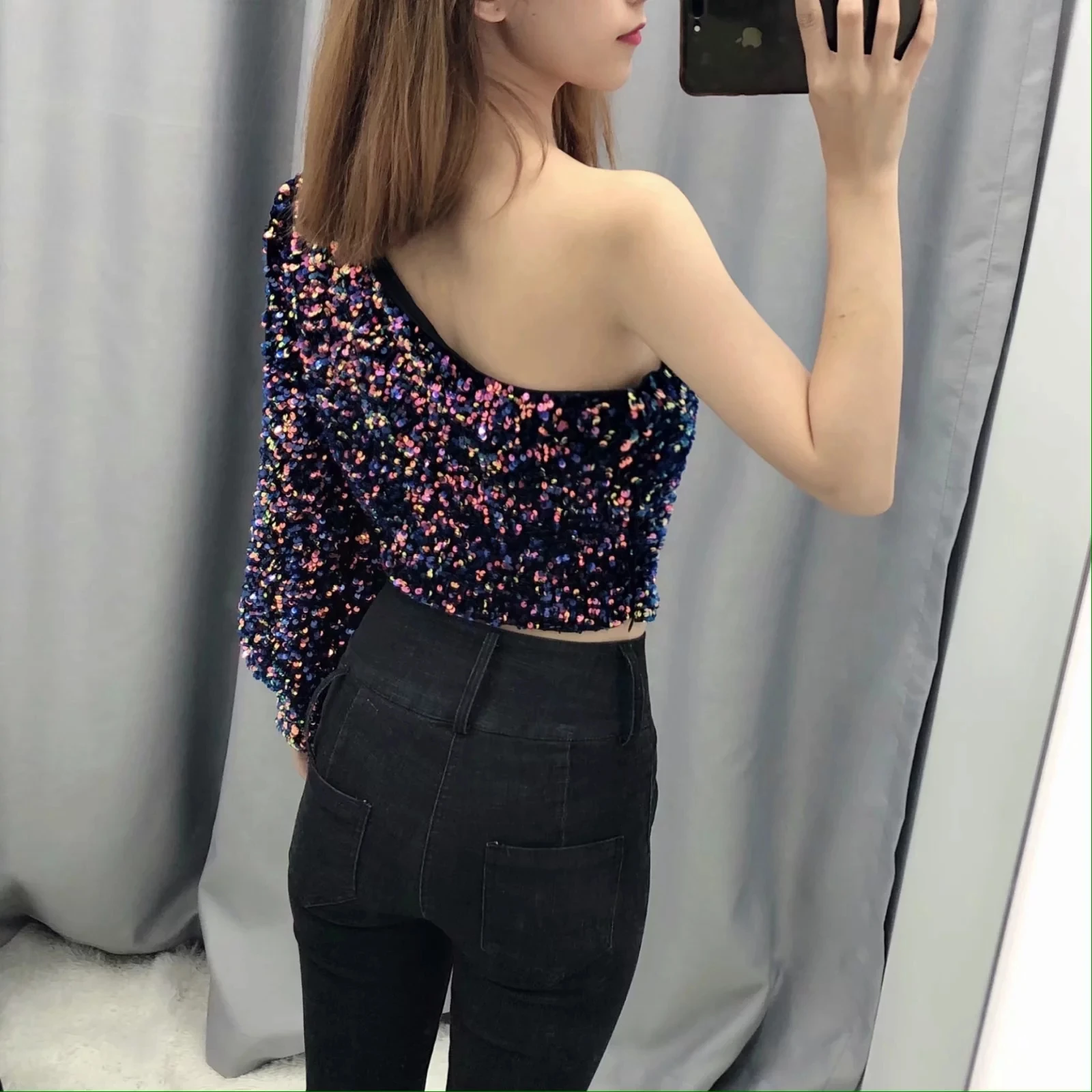 Цветной женский укороченный топ с блестками сексуальные топы длинным рукавом
