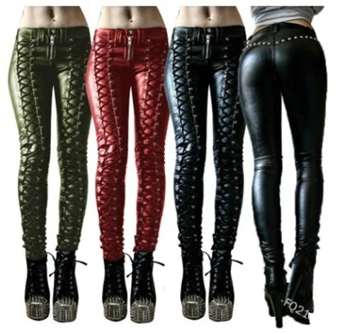 

Новинка 2022, женские брюки из искусственной кожи на завязках, однотонные повседневные брюки-карандаш со средней талией, трендовые женские бр...