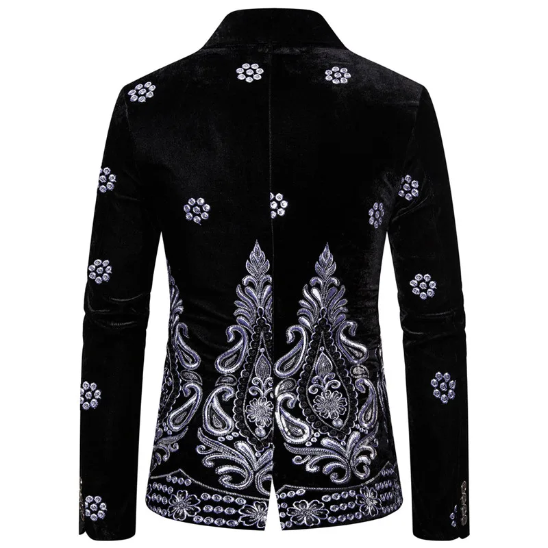 

Blue Velvet Mens Floral Blazer Luxury Silver Thread Embroidery Single Button Wedding Suits For Men Social Veste Mariage Homme