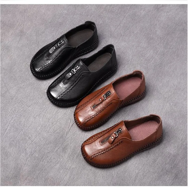 New Spring Ladies Genuine Leather Handmade Shoes Women Slip On Hand-sewed Flat Shoes Women 2020 Summer Soft Loafers Flats