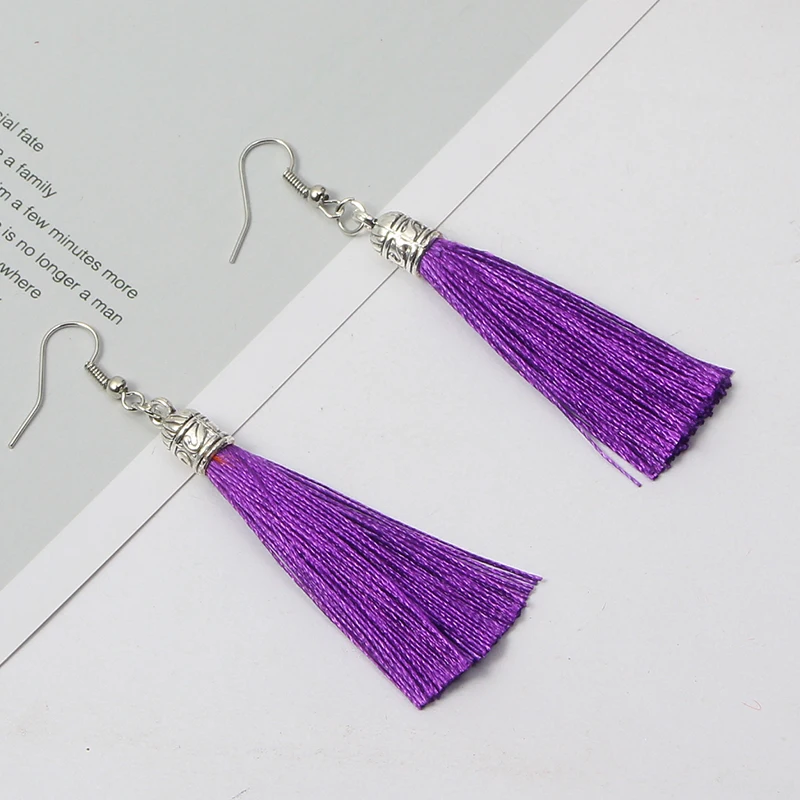 purple-7 Qtian серьги с кисточками ручной работы Модный богемный черный красный 14 цветов длинные висячие Винтажные серьги-кисточки для женщин pendiente - Окраска металла: purple-7
