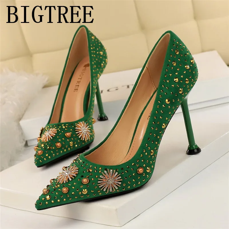 2019 модные женские туфли лодочки стразы из флока с острым носком на тонком каблуке