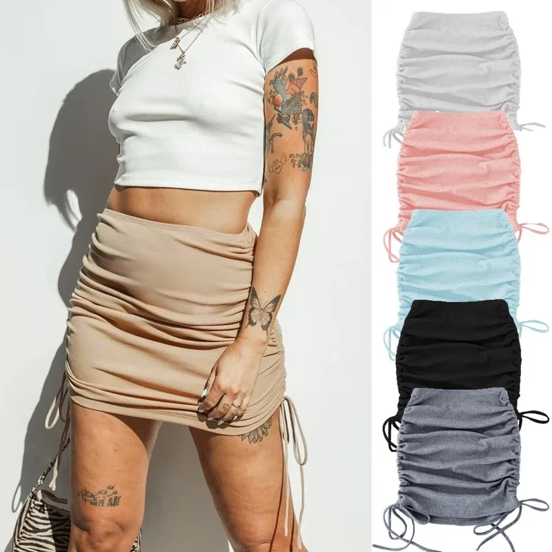 

Fashion Knitted Thread Bag Hip Skirt Sexy Slim Side Drawstring Elastic Pleated Adjustable Skirt 2021 Autumn Chic Womens Clothing