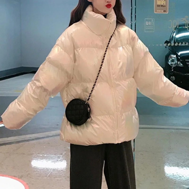 Блестящие неоновые куртки для женщин зима 2022 хлопок стоячий воротник длинный