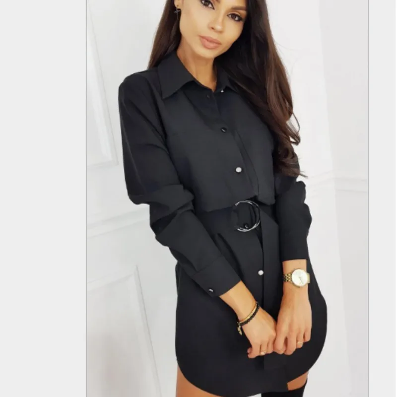 Корейское K POP элегантное платье рубашка с поясом осеннее уличное длинными