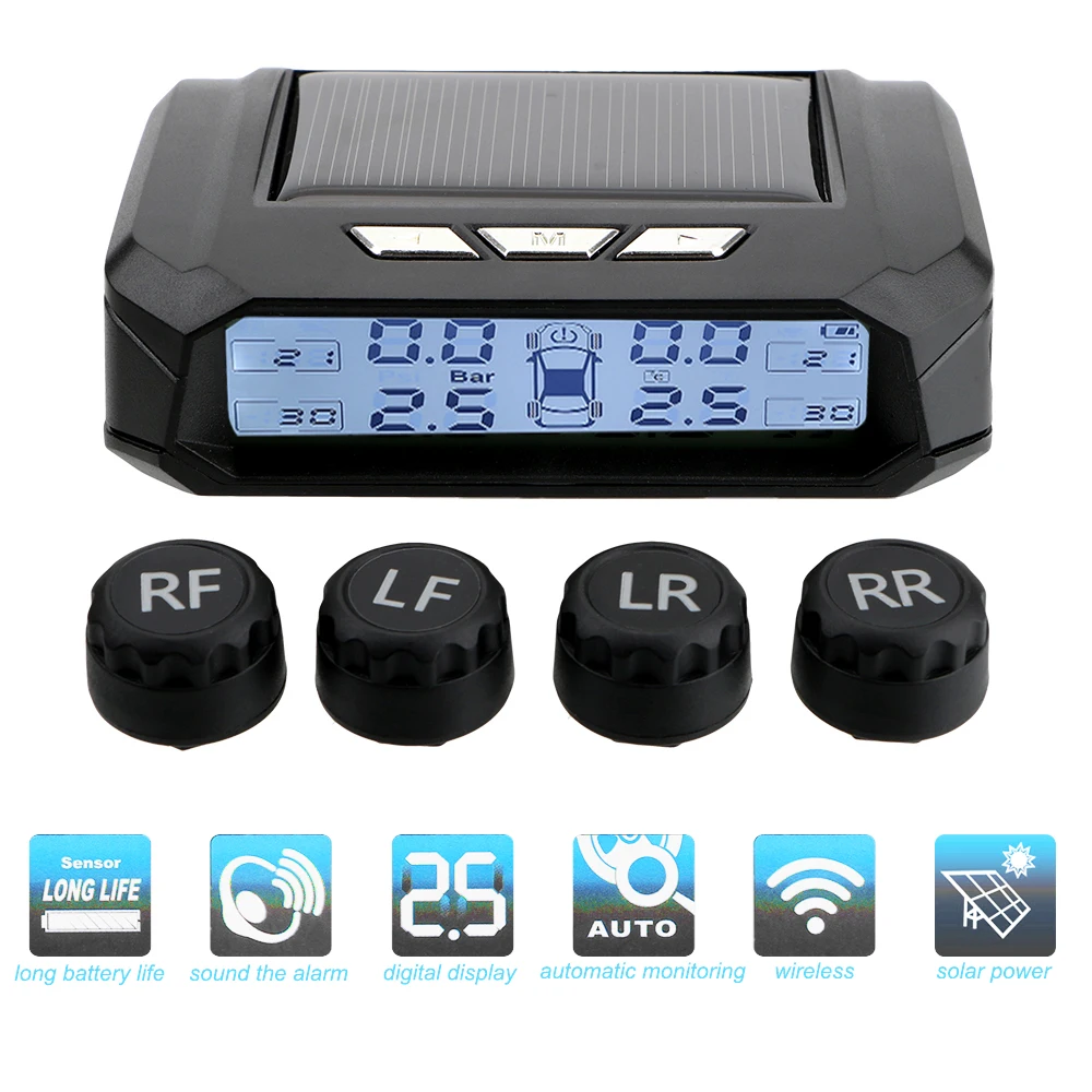 

LEEPEE Solar TPMS Tire Pressure Monitoring System Temperature Warning Fuel Save With 4 External Sensor Car Tyre Pressure Monitor