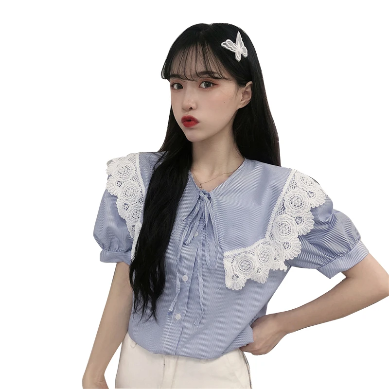 

Puff Sleeve Peter Pan Collar Blouses Sweet Style Summer Blue Women's Clothing Shirts Lace Up Loose Ladies Tops Korean Clothes