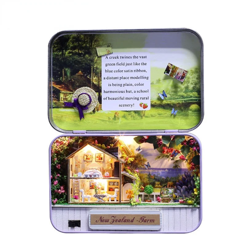 

DIY Doll House with Tin Box Theater Doll House Miniature Children's Wooden Toys Family Toys Wooden House Doll Children's Gifts