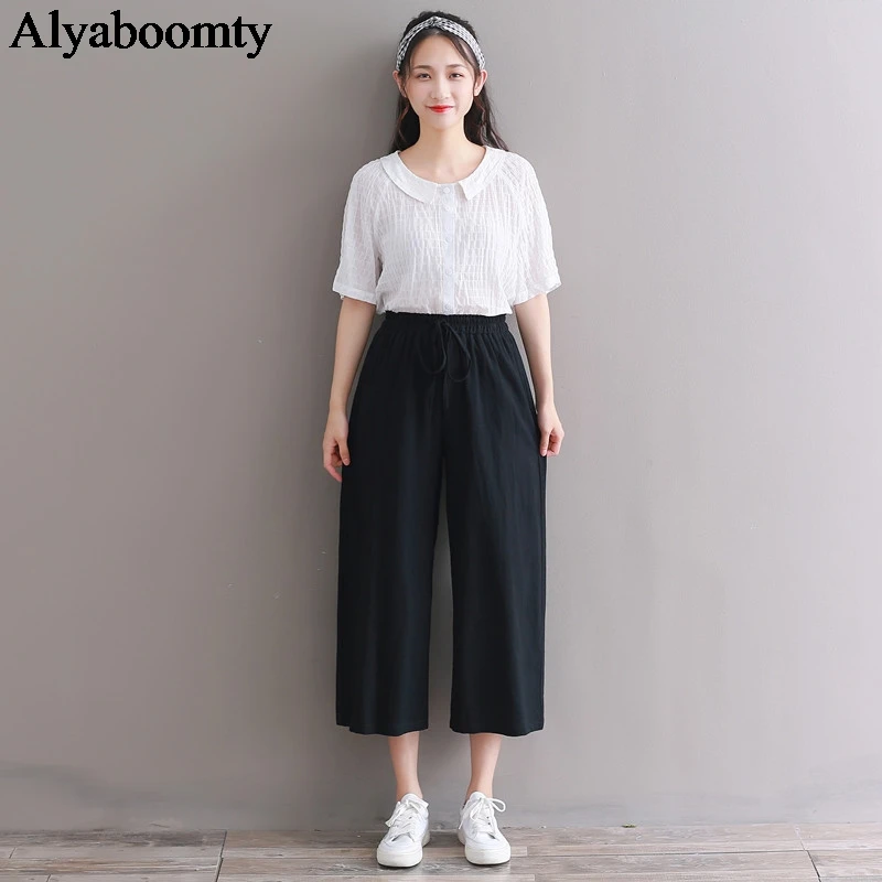 Капри женские с завышенной талией повседневные свободные штаны в японском стиле