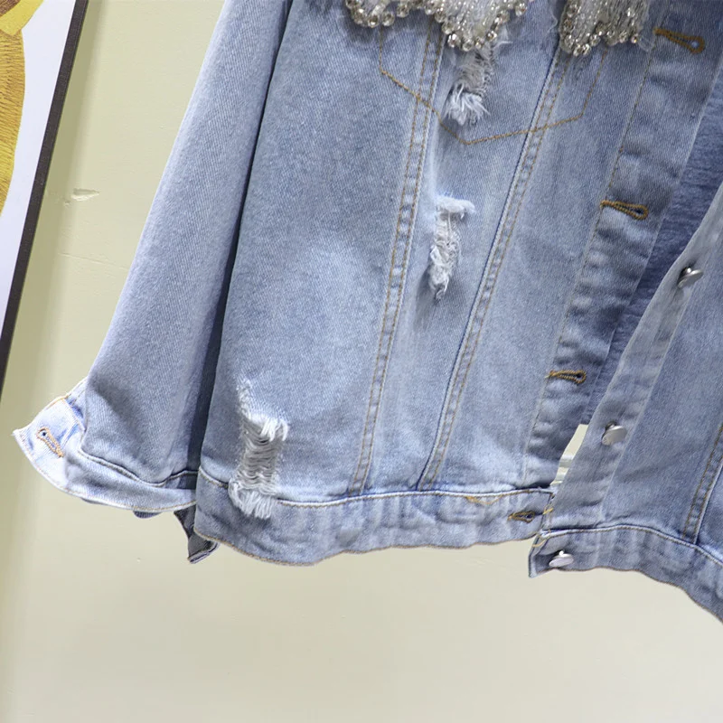 

Fashion Beaded Diamond Sequin Net yarn Patchwork Denim Jacket Spring Women Loose Washed Light blue Hole Jeans Jacket Female Coat