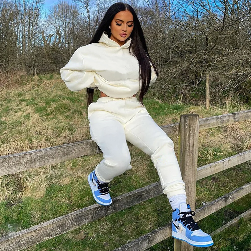 

Biker Style Two Piece Jogging Suit for Women Full Sleeve Hooded Loose Hoody and Workout Sweatpant Autumn Winter Club Outfits