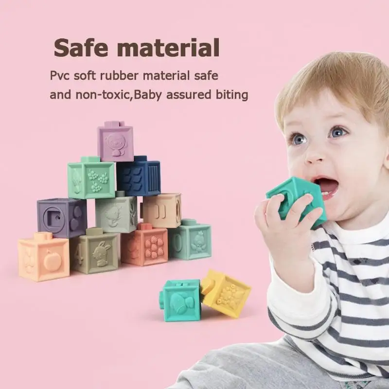 

12pcs Baby Toy Soft Building Blocks Stacking Blocks Touch Hand Balls Baby Massage Rubber Teethers Squeeze Toy Kids Bath Toys