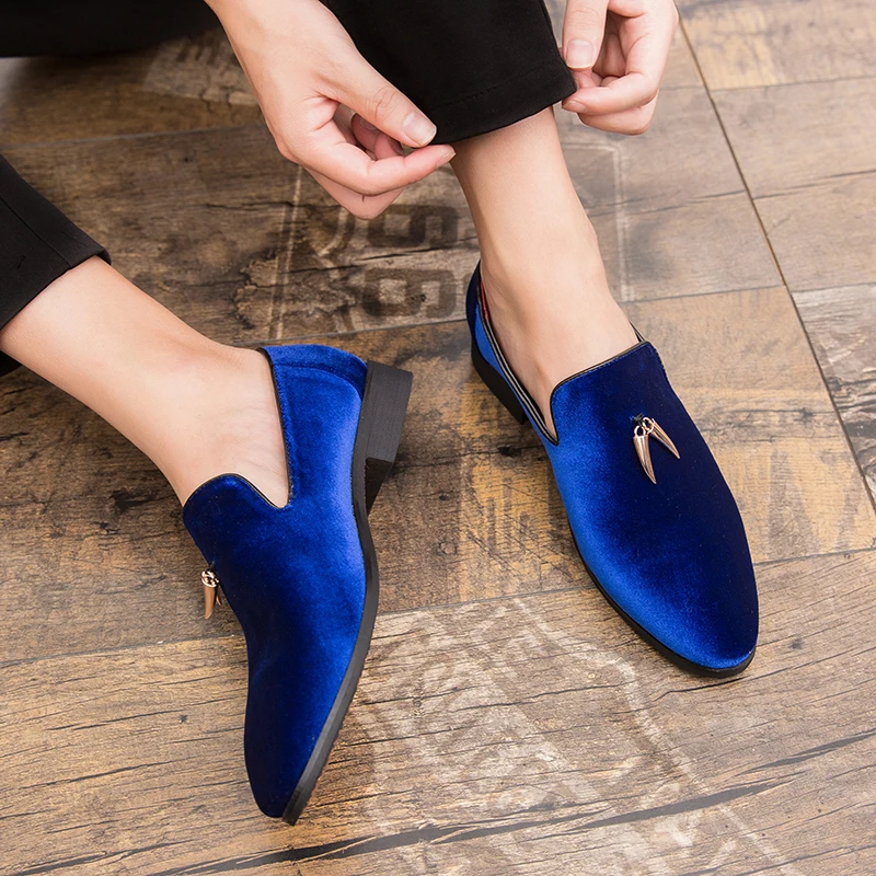 Men Shoes Dress Velvet Loafers Italian Men's Social Handmade New Fashion Metal Designer Party Royal Blue Black Red | Обувь
