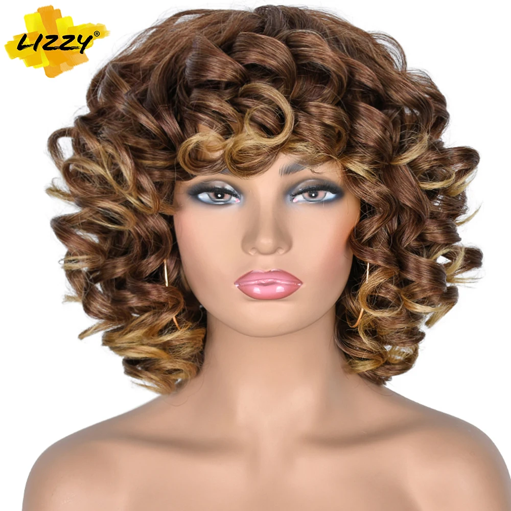 Short Hair Afro Curly Wig With Bangs Dark Brown Synthetic Cosplay Loose Fluffy Shoulder Length Natural Wigs For Black Women 14