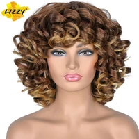 short hair afro curly wig with bangs dark brown synthetic cosplay loose fluffy shoulder length natural wigs for black women 14