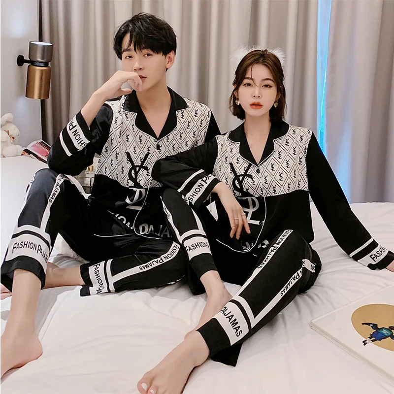 

Color-blocking Couple Ice Silk Pajamas Fashion Casual Can Be Worn Outside Trendy Homewear