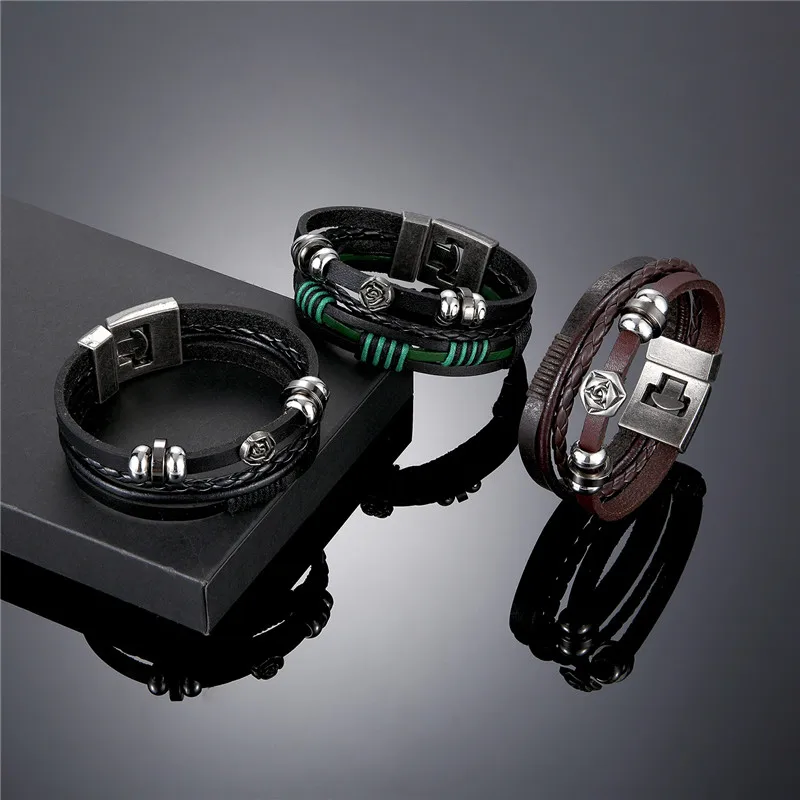 

2020 Lucky Men's Vintage Leather Bracelet Men's Alloy Rose Multilayer Woven Women's Pulseira Masculina Jewelry Gift