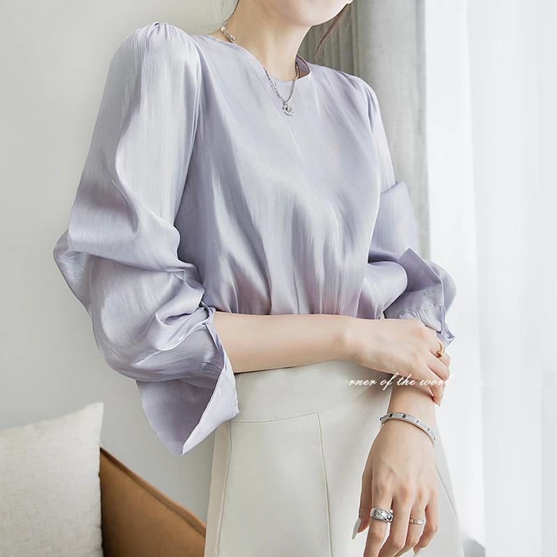 

Johnature OL French O-neck Full Sleeve Women Blouses 2021 Summer New Loose Simple All Match Shirts 3 Colors